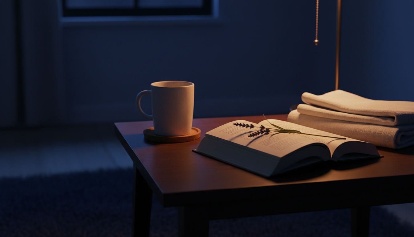 A quiet bedside table at night with a mug of warm water, open book, and sprig of lavender in amber lamp light — the setting for taking collagen before bed