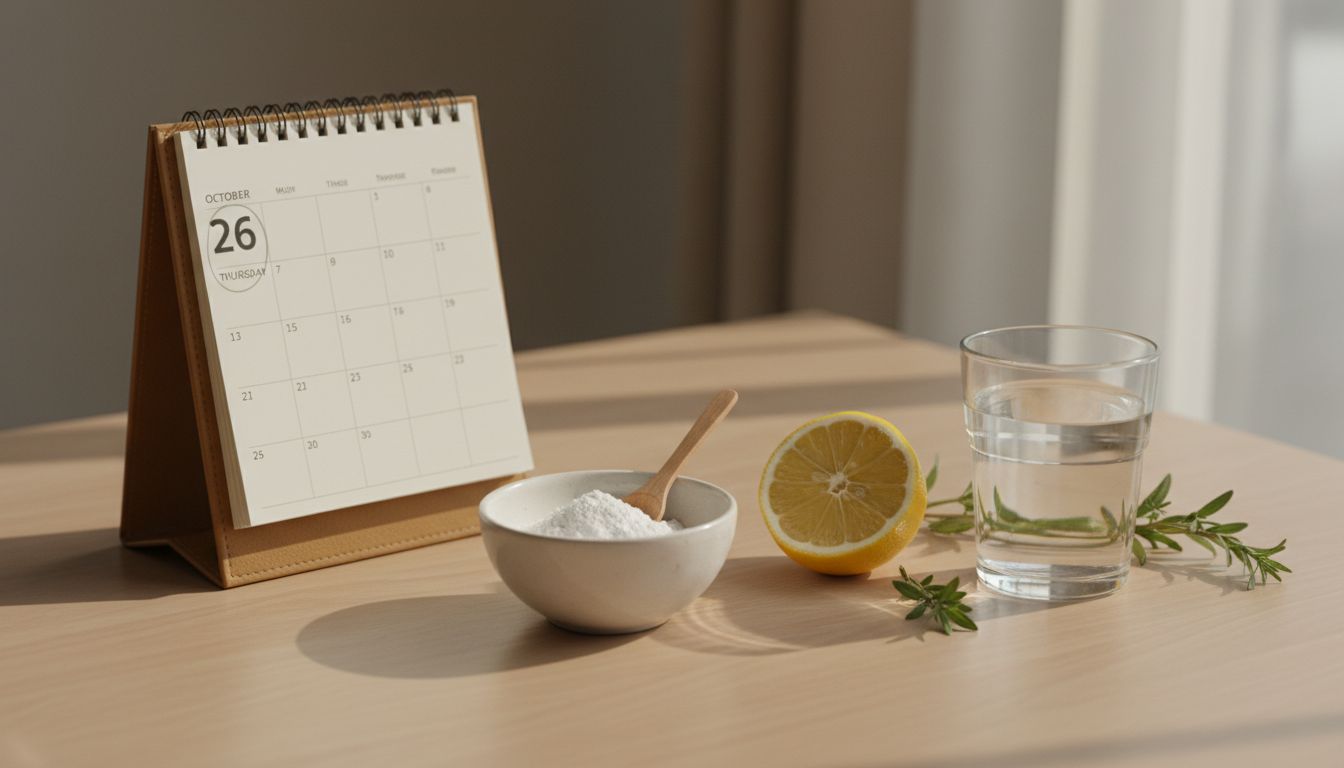A quiet morning desk with a calendar page, a small white bowl of collagen powder with a wooden spoon, a sliced lemon, a glass of water, and a sprig of green herbs in soft natural light — early routine for starting collagen in your 30s